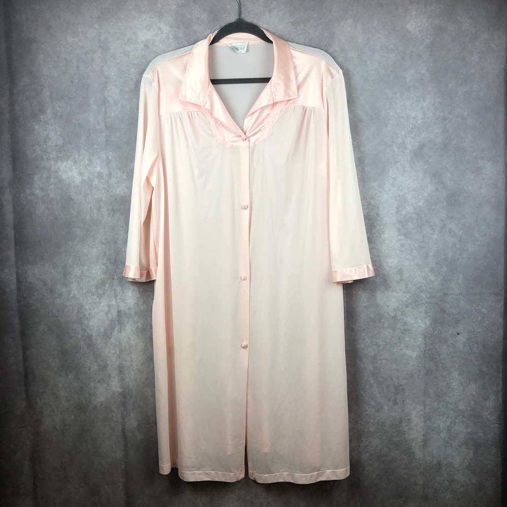 Vanity Fair Housecoat Robe Womens Large Sheer Pink Button Up Pocket Vintage USA